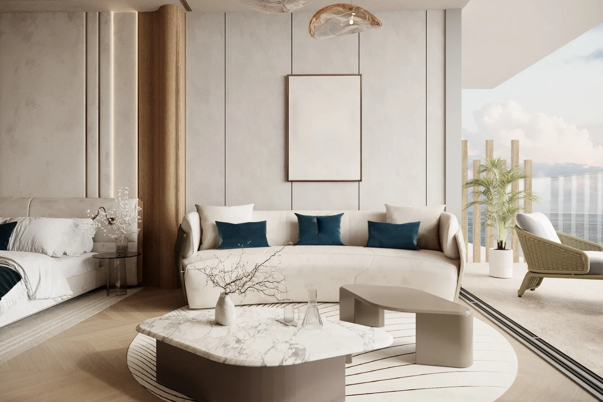 Residence interior with pale furnishings, oak floors and sculpted pendant lights