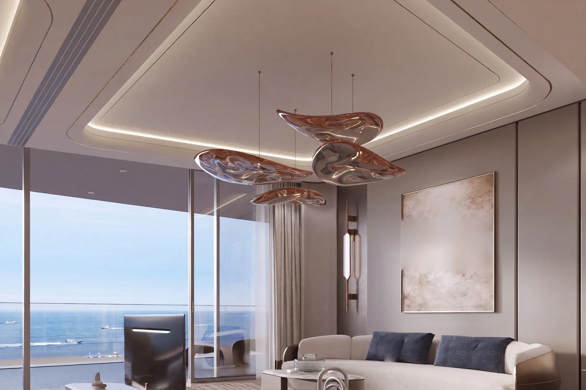 Living space with soft sofas and tall windows towards the water