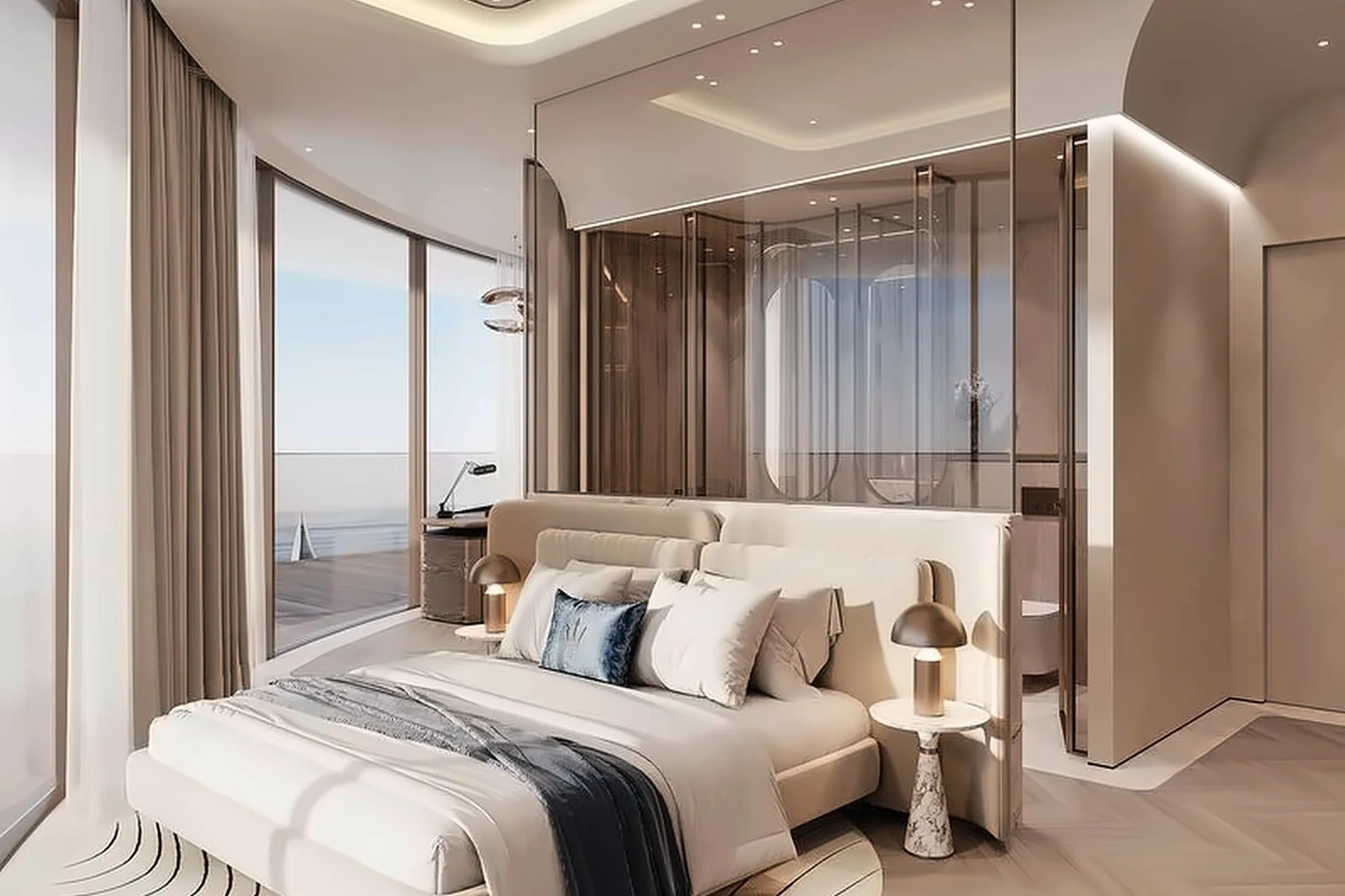 Residence interior with soft lighting and pale furnishings